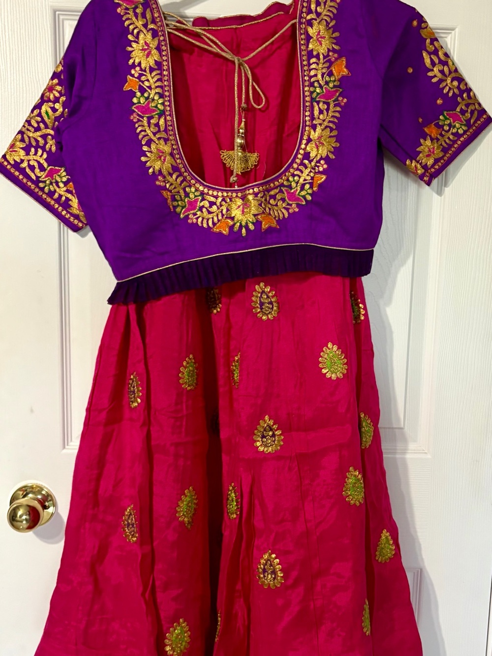 3 pcs Chanyia Choli -Purple Choli Rani pink lehenga with pista green banarasi Du